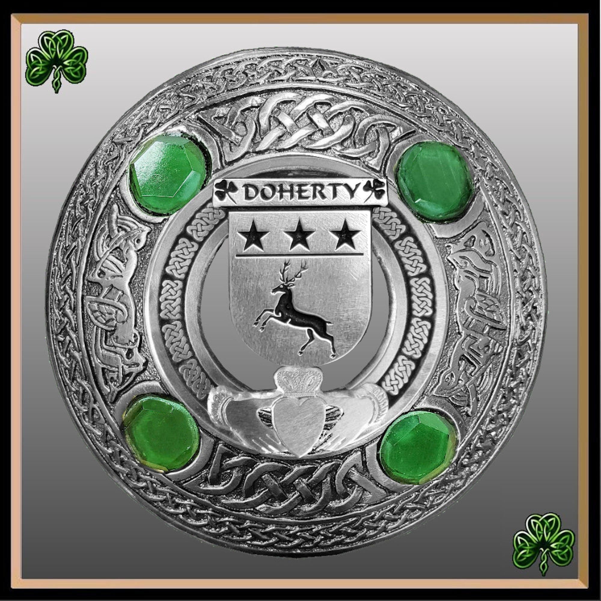 Doherty Irish Claddagh Coat of Arms Plaid brooch ~ Emerald stones
