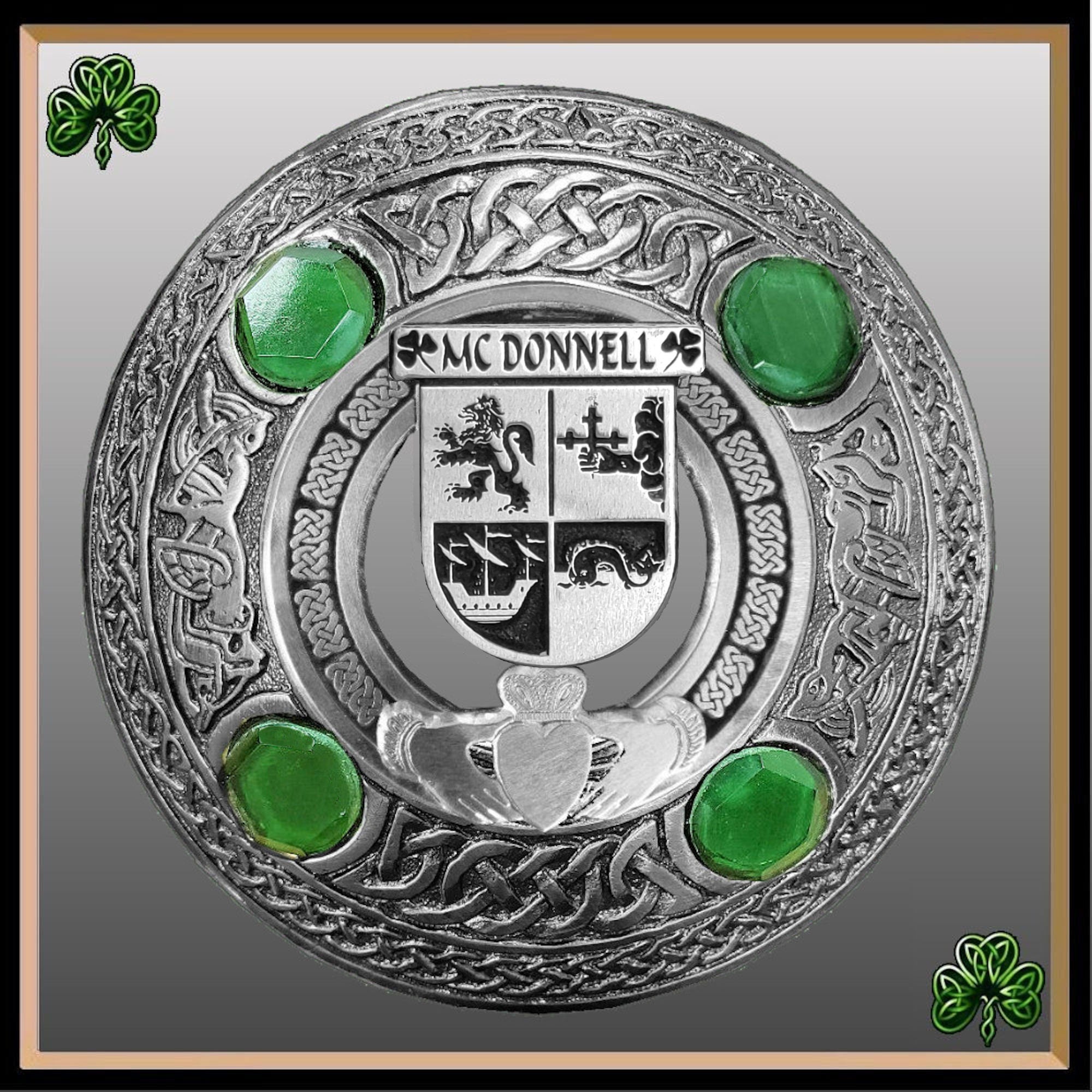 McDonnell Irish Claddagh Coat of Arms Plaid brooch ~ Emerald stones