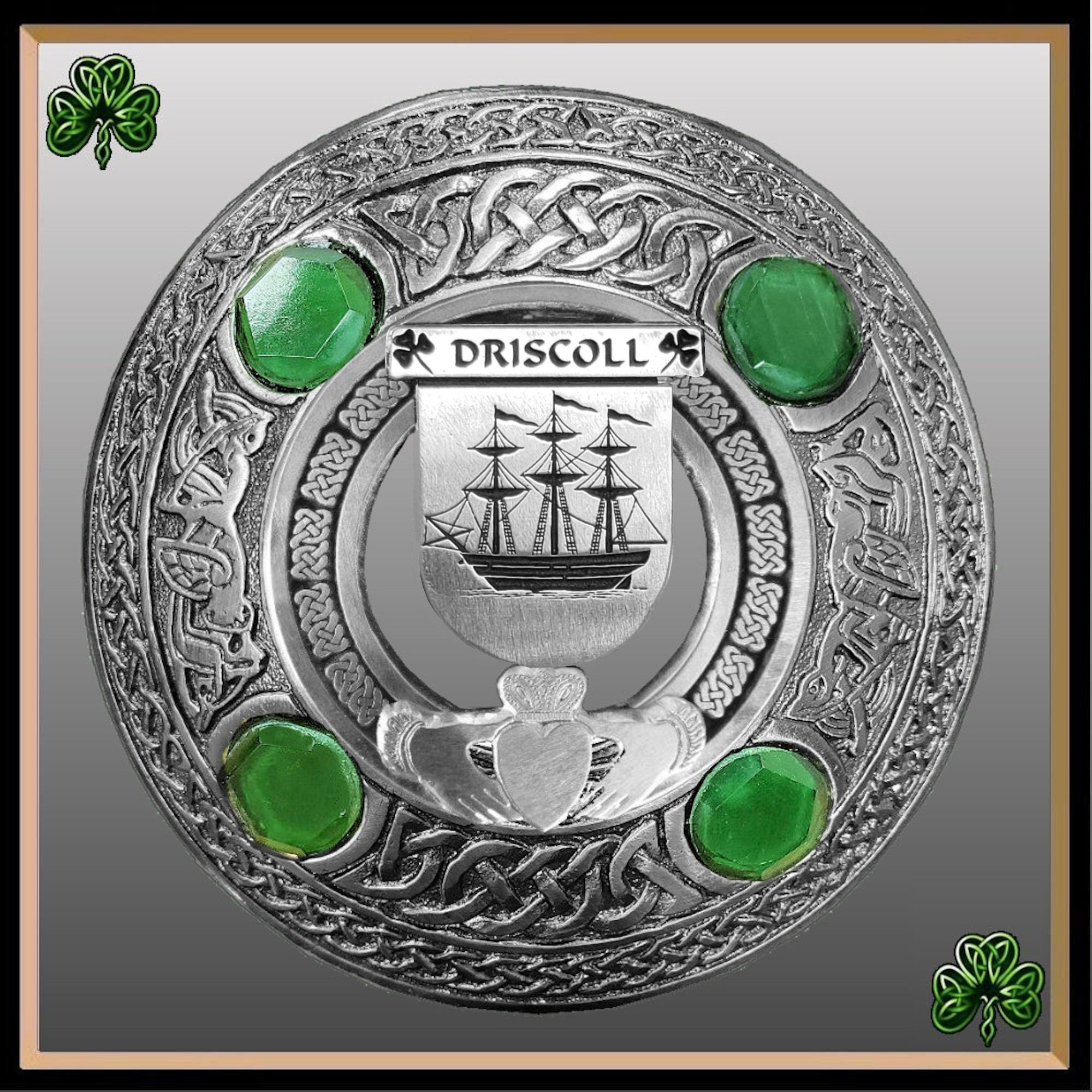 Driscoll Irish Claddagh Coat of Arms Plaid brooch ~ Emerald stones