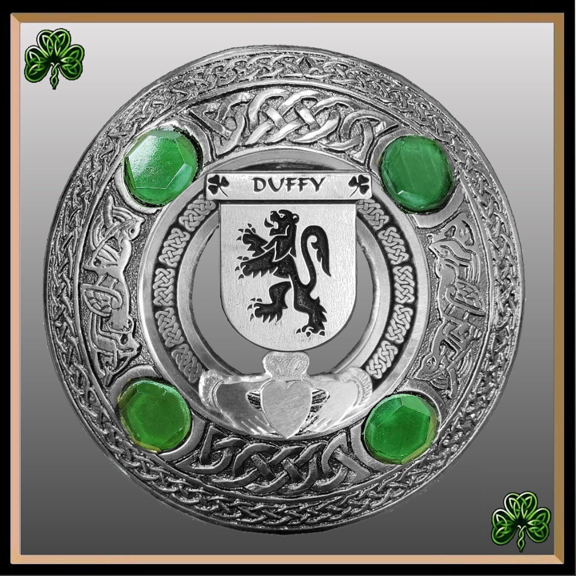 Duffy Irish Claddagh Coat of Arms Plaid brooch ~ Emerald stones
