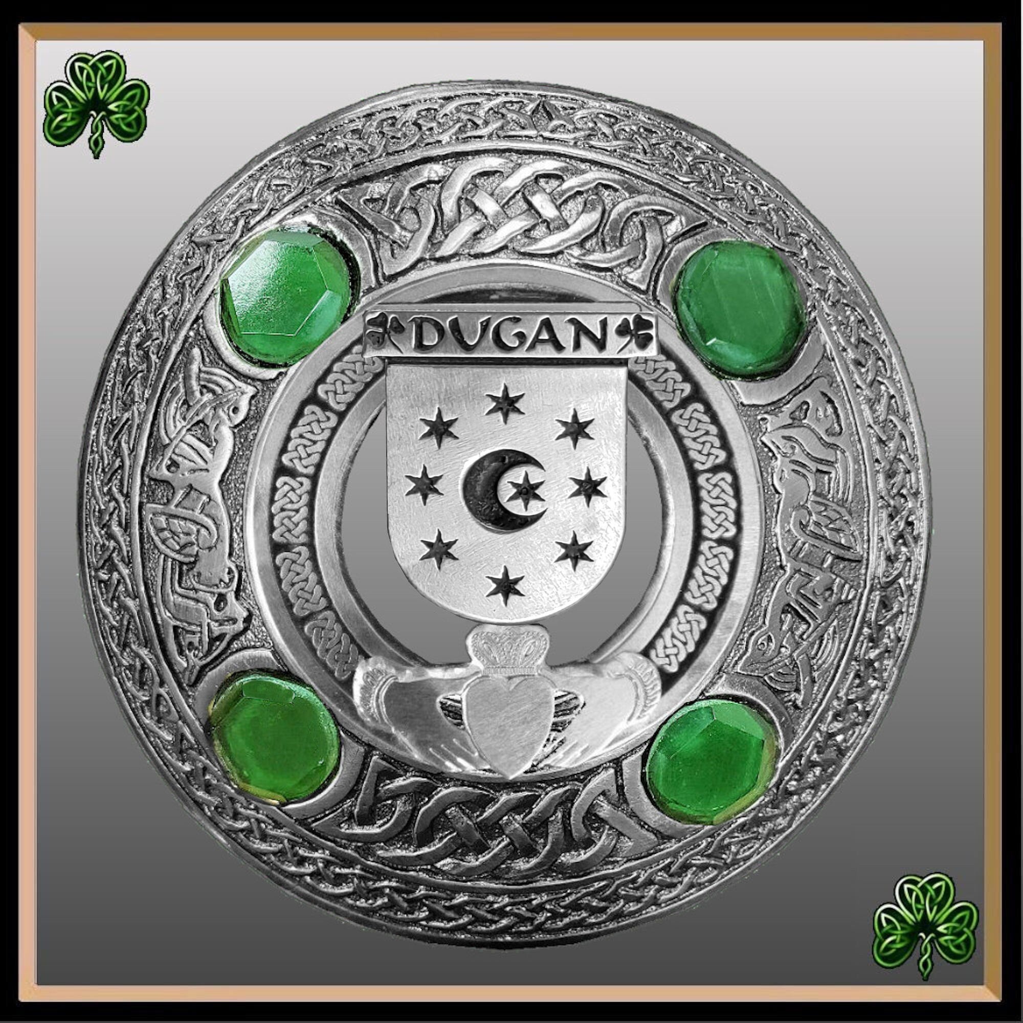 Dugan Irish Claddagh Coat of Arms Plaid brooch ~ Emerald stones