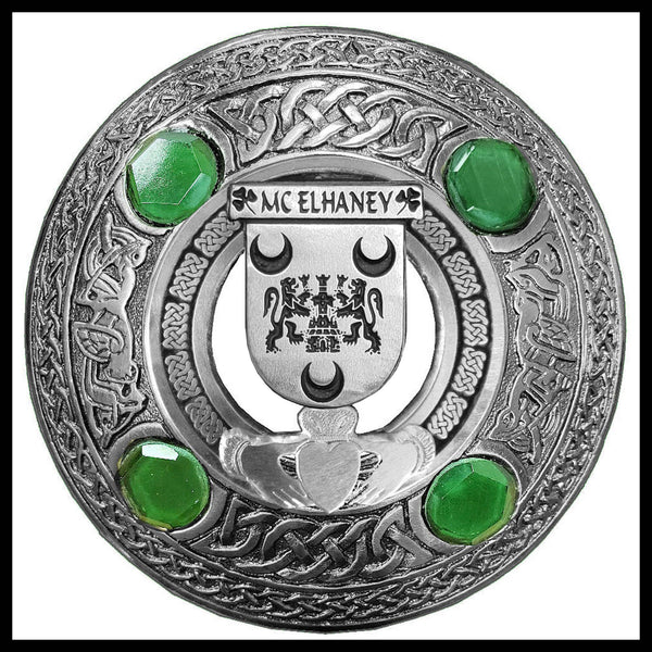 McElhaney Irish Claddagh Coat of Arms Plaid brooch ~ Emerald stones