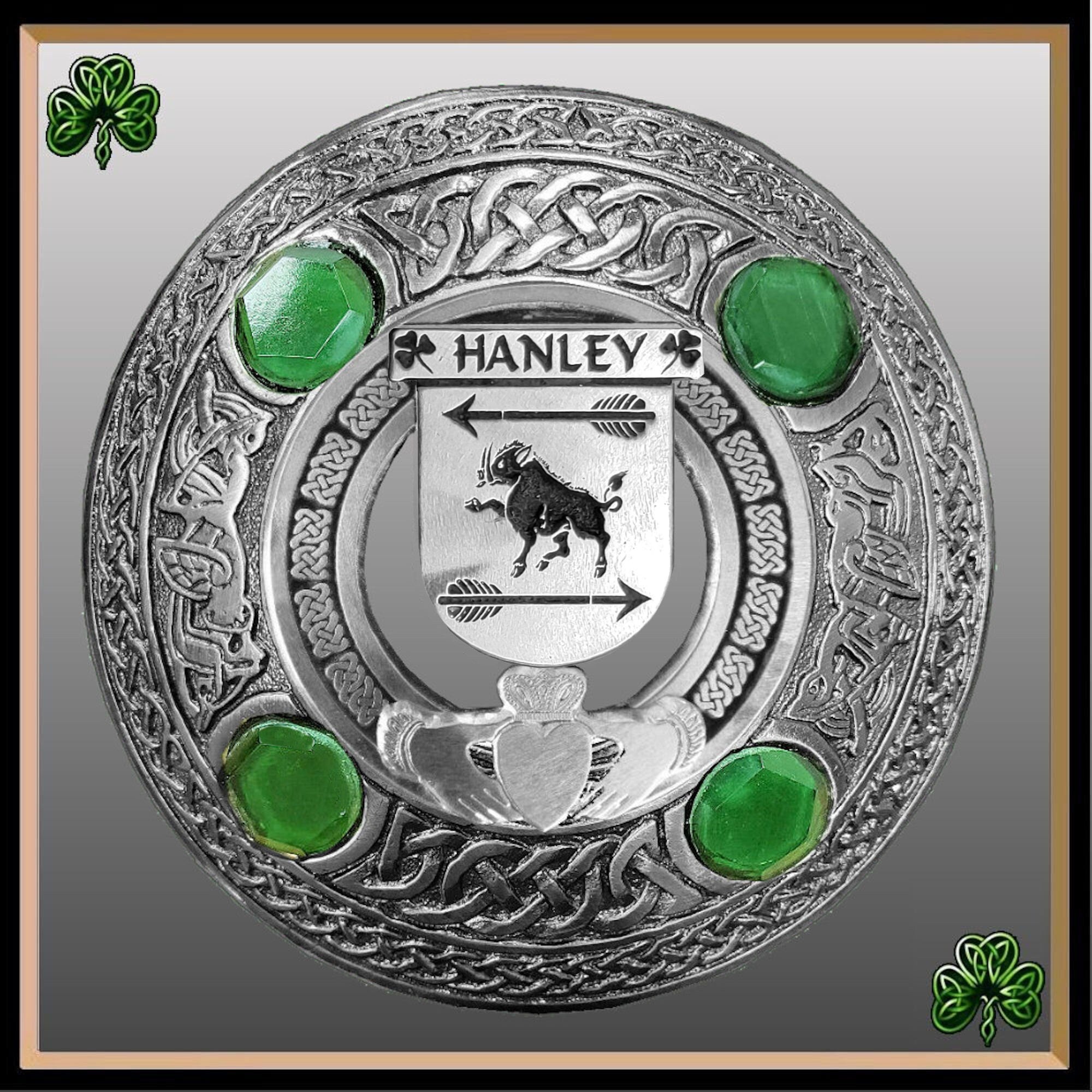 Hanley Irish Claddagh Coat of Arms Plaid brooch ~ Emerald stones