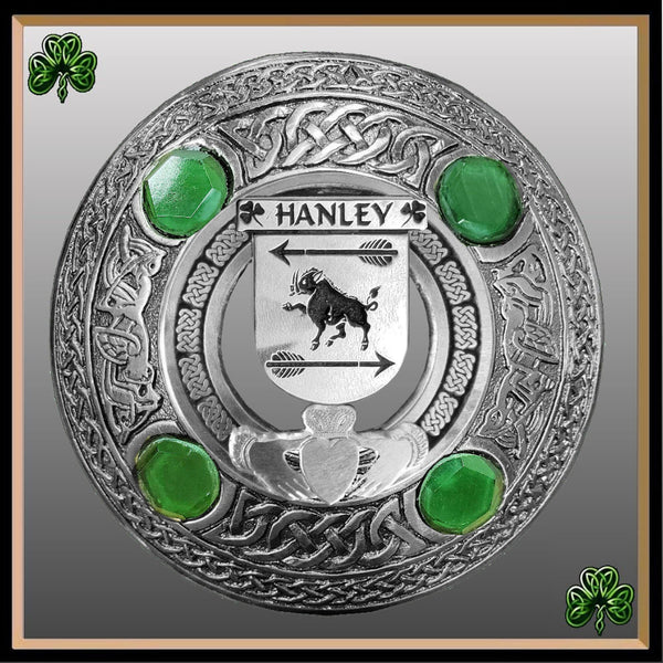Hanley Irish Claddagh Coat of Arms Plaid brooch ~ Emerald stones