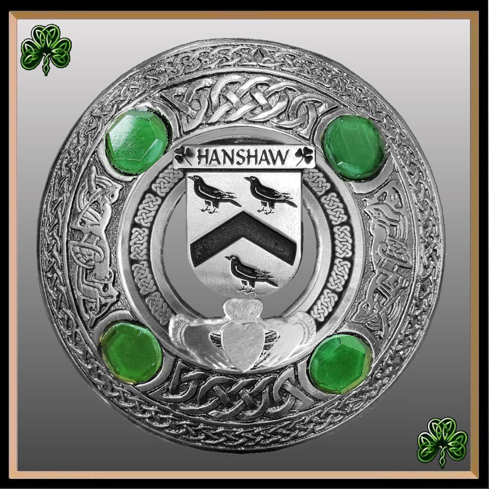 Hanshaw Irish Claddagh Coat of Arms Plaid brooch ~ Emerald stones