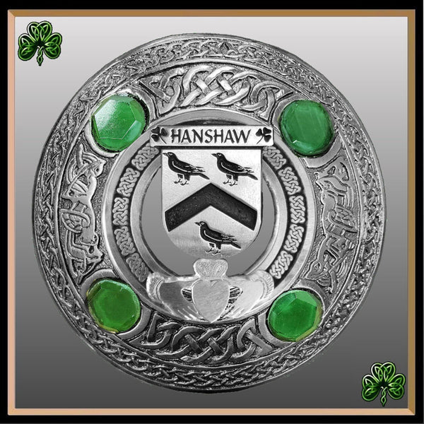 Hanshaw Irish Claddagh Coat of Arms Plaid brooch ~ Emerald stones