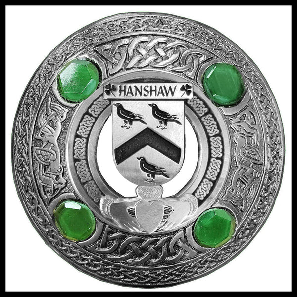 Hanshaw Irish Claddagh Coat of Arms Plaid brooch ~ Emerald stones