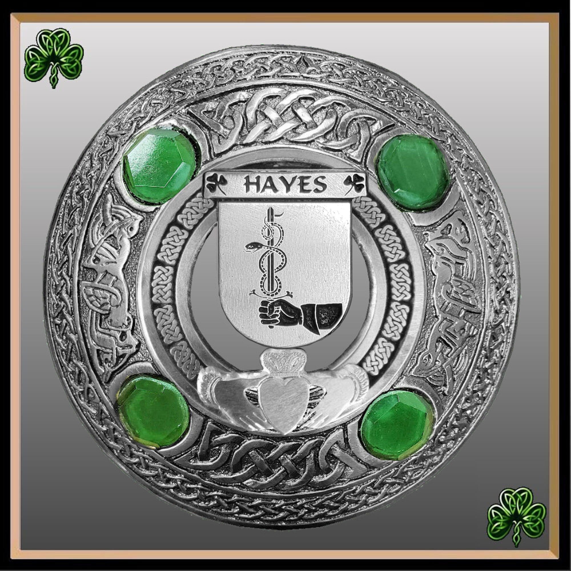 Hayes Irish Claddagh Coat of Arms Plaid brooch ~ Emerald stones