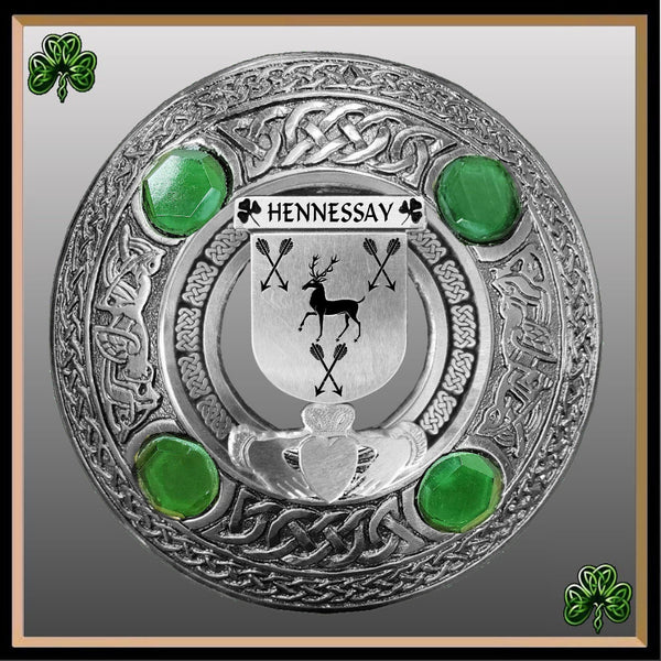 Hennessay Irish Claddagh Coat of Arms Plaid brooch ~ Emerald stones