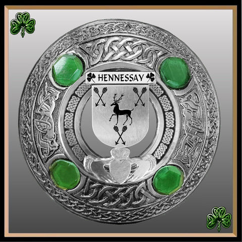 Hennessay Irish Claddagh Coat of Arms Plaid brooch ~ Emerald stones