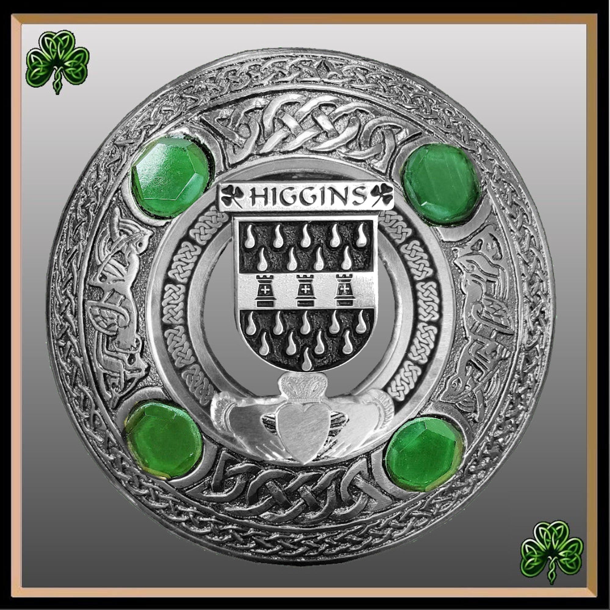 Higgins Irish Claddagh Coat of Arms Plaid brooch ~ Emerald stones
