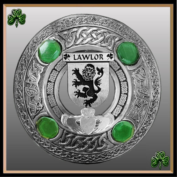 Lawler Irish Claddagh Coat of Arms Plaid brooch ~ Emerald stones