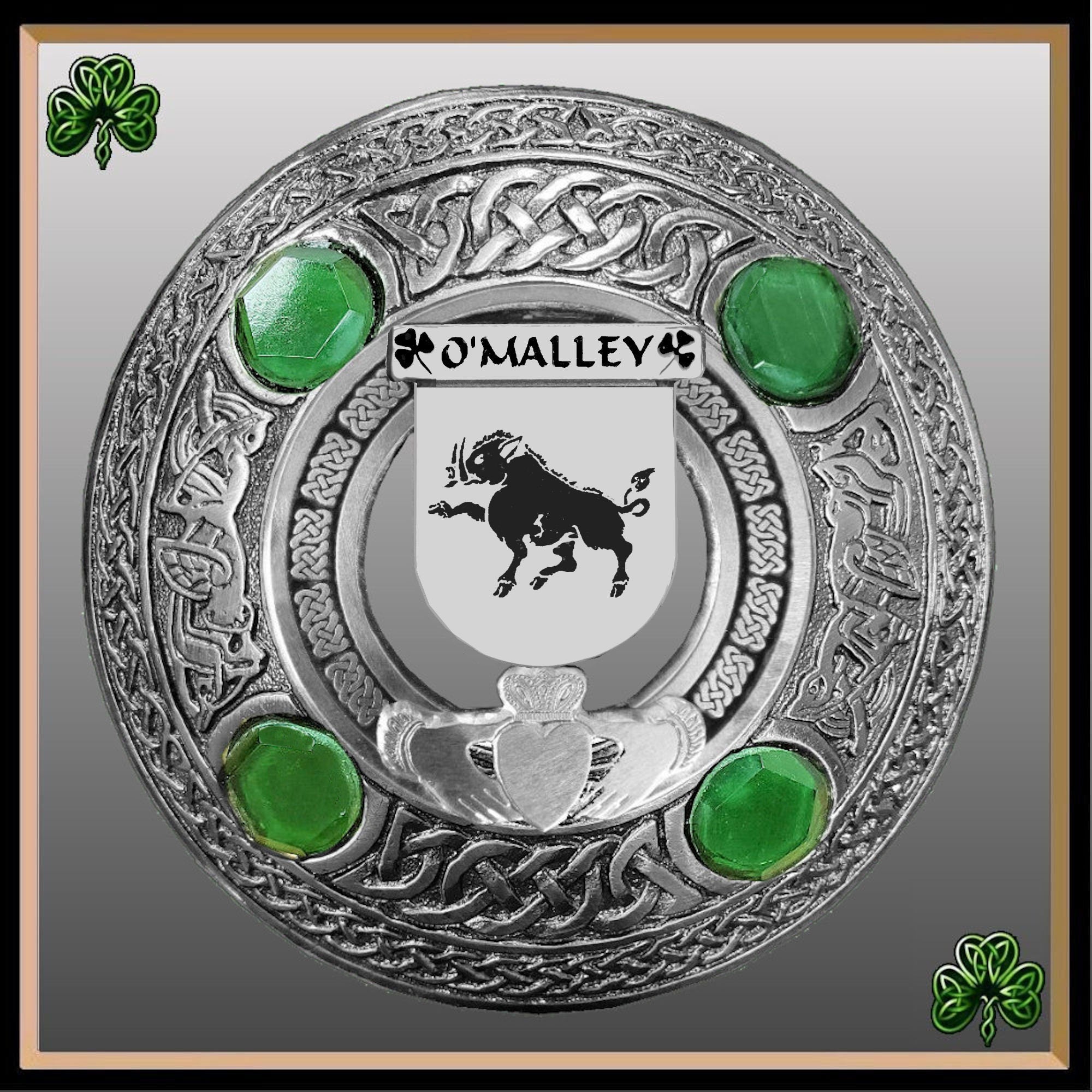 O'Malley Irish Claddagh Coat of Arms Plaid brooch ~ Emerald stones