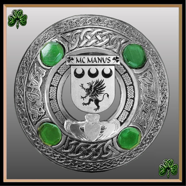 McManus Irish Claddagh Coat of Arms Plaid brooch ~ Emerald stones