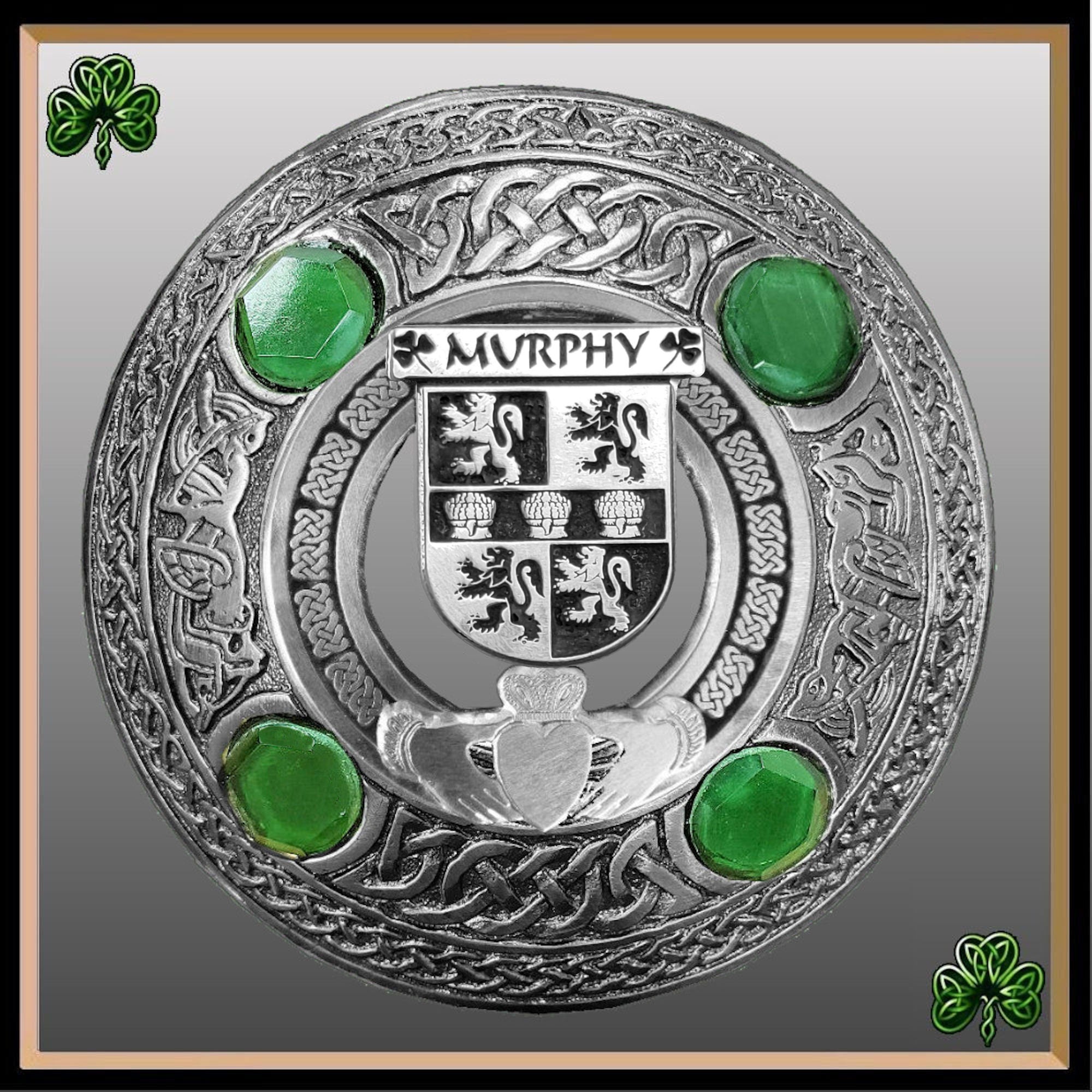 Murphy Irish Claddagh Coat of Arms Plaid brooch ~ Emerald stones