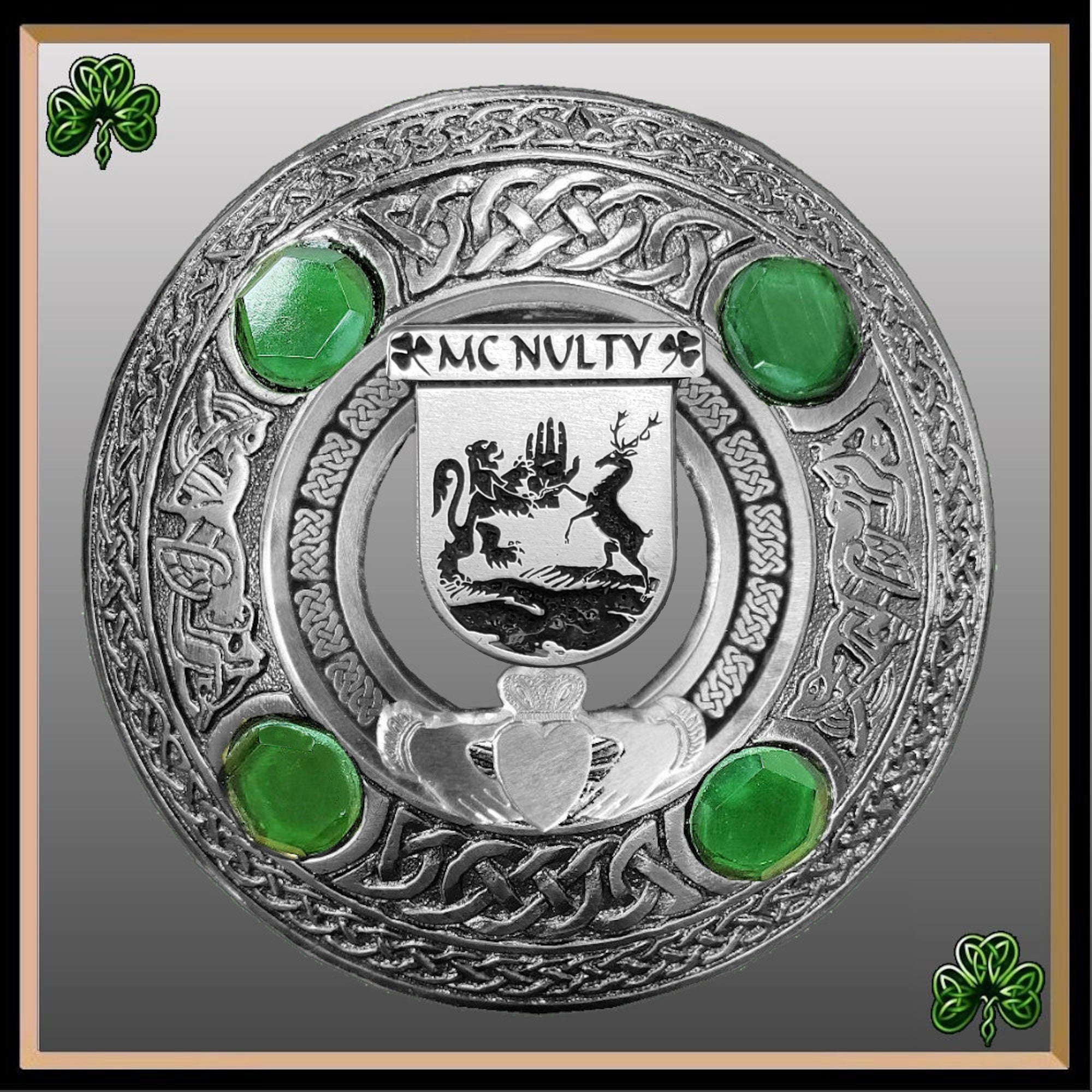 McNulty Irish Claddagh Coat of Arms Plaid brooch ~ Emerald stones