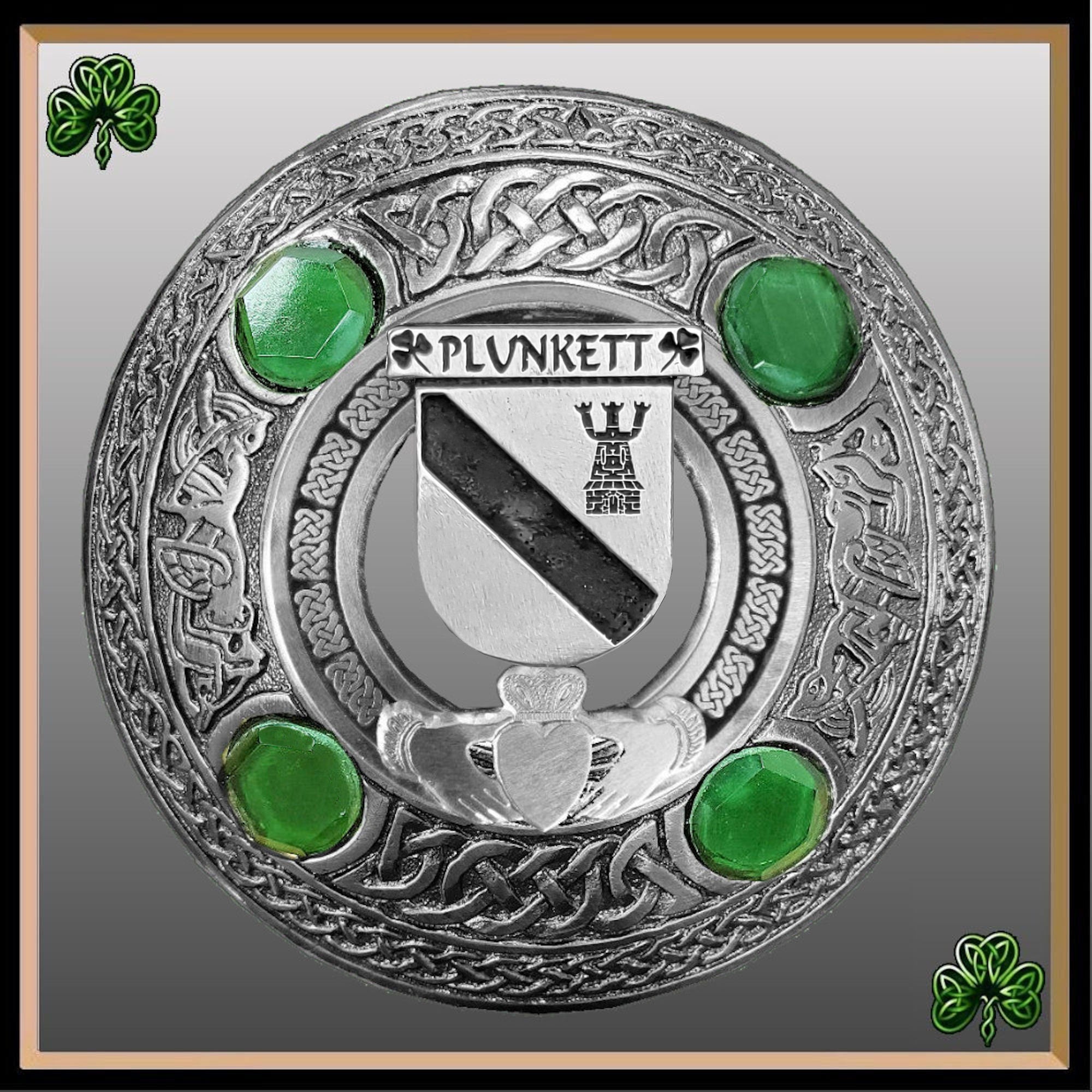 Plunkett Irish Claddagh Coat of Arms Plaid brooch ~ Emerald stones