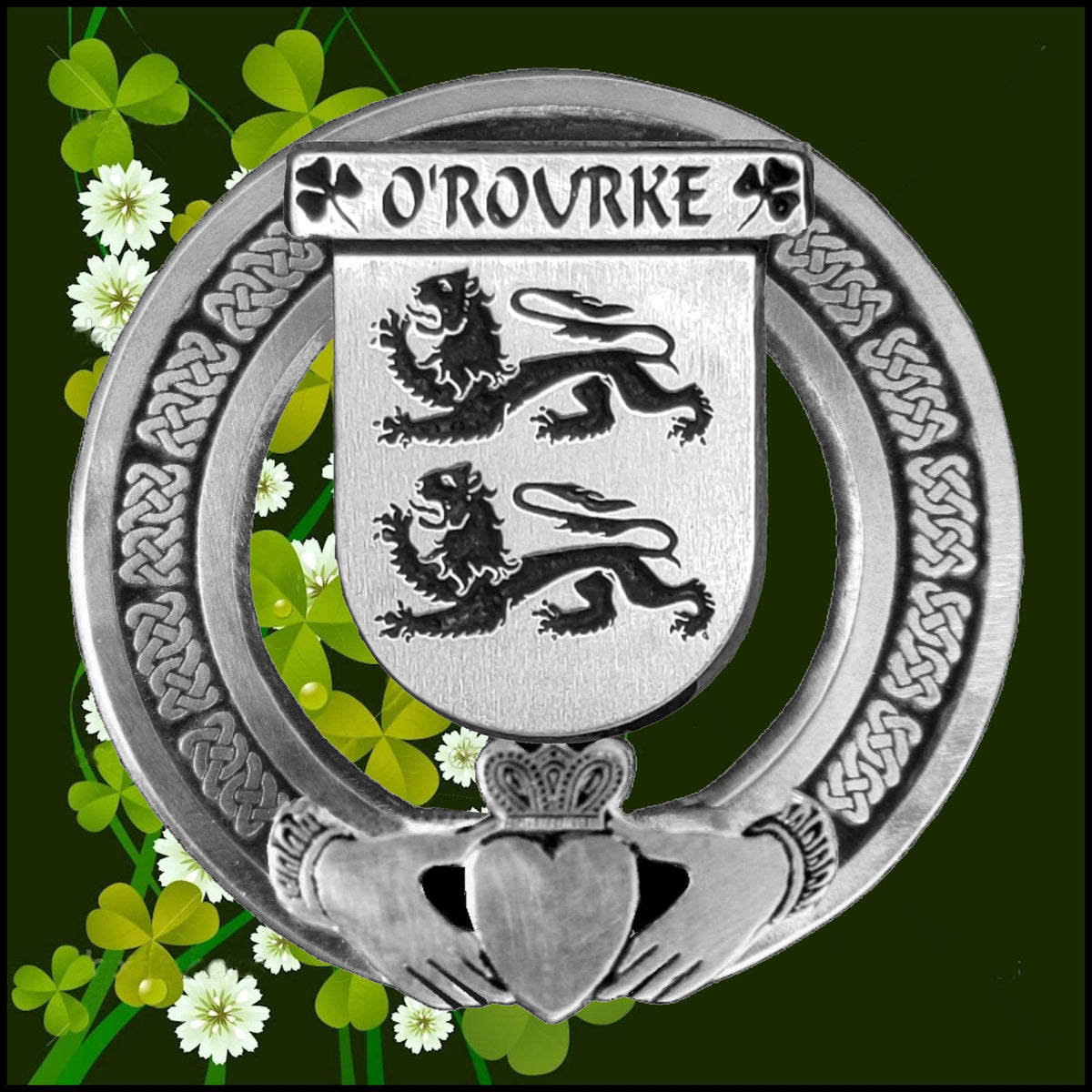 Emerald Rourke O'Rourke Irish Claddagh Coat of Arms Plaid brooch ~ Emerald stones ...