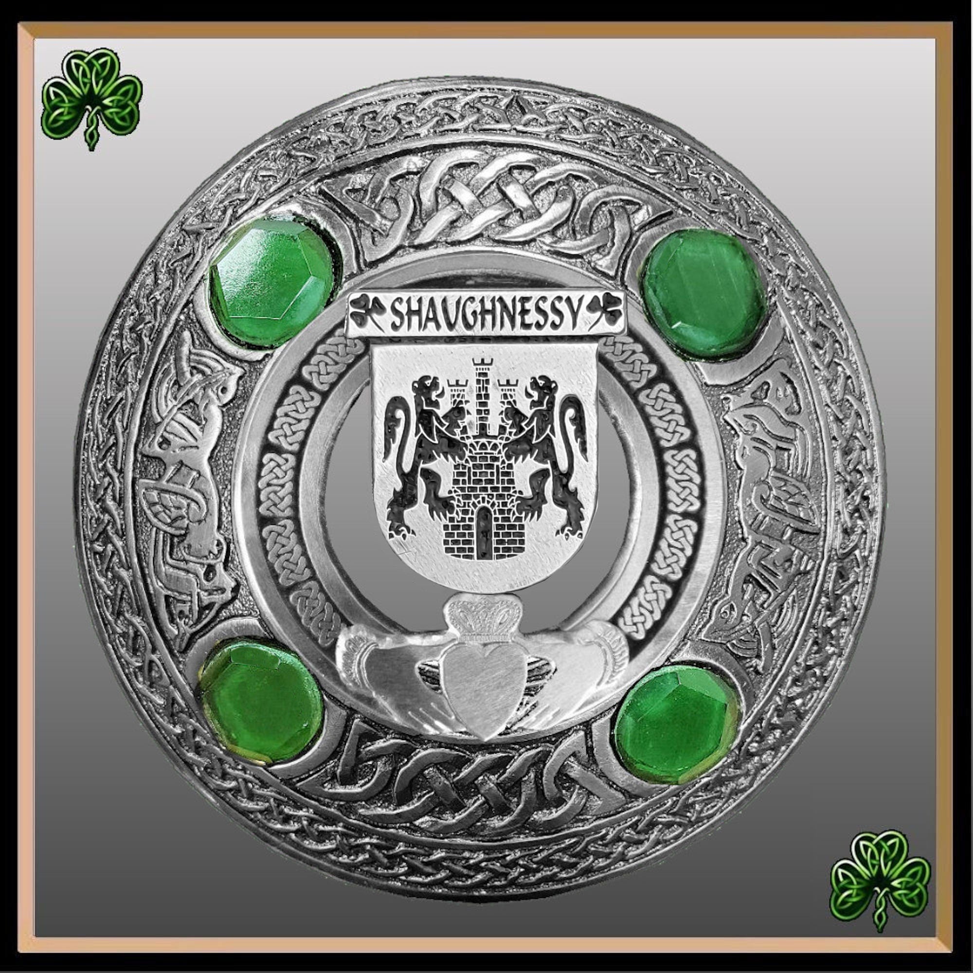 Shaughnessy Irish Claddagh Coat of Arms Plaid brooch ~ Emerald stones