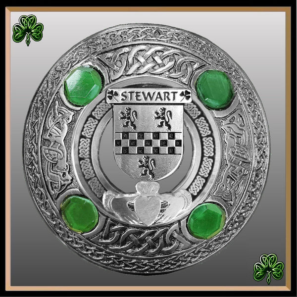 Stewart Irish Claddagh Coat of Arms Plaid brooch ~ Emerald stones