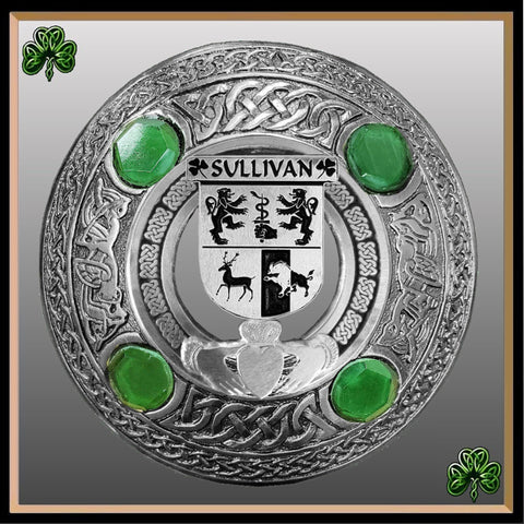 Sullivan Irish Claddagh Coat of Arms Plaid brooch ~ Emerald stones