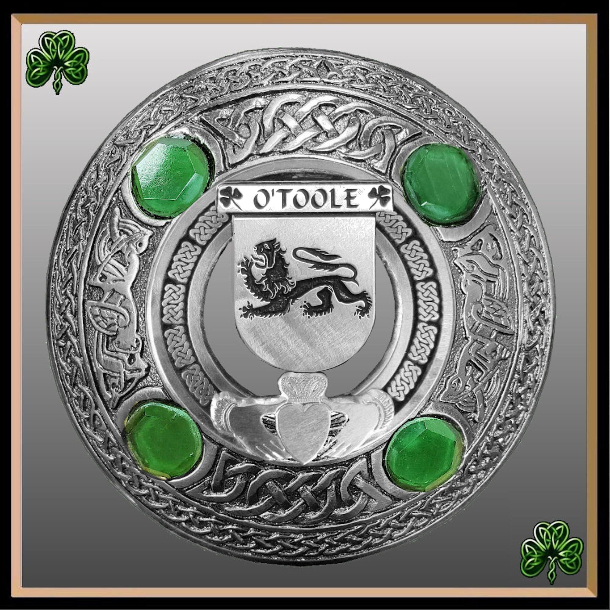 O'Toole Irish Claddagh Coat of Arms Plaid brooch ~ Emerald stones