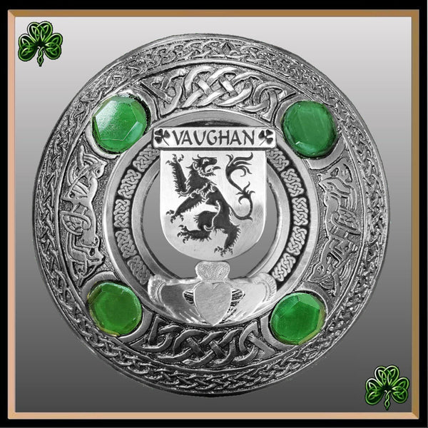 Vaughan Irish Claddagh Coat of Arms Plaid brooch ~ Emerald stones