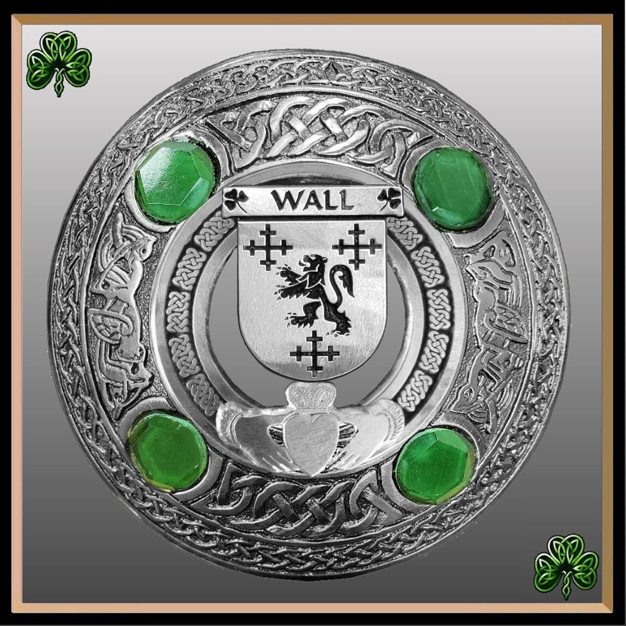 Wall Irish Claddagh Coat of Arms Plaid brooch ~ Emerald stones