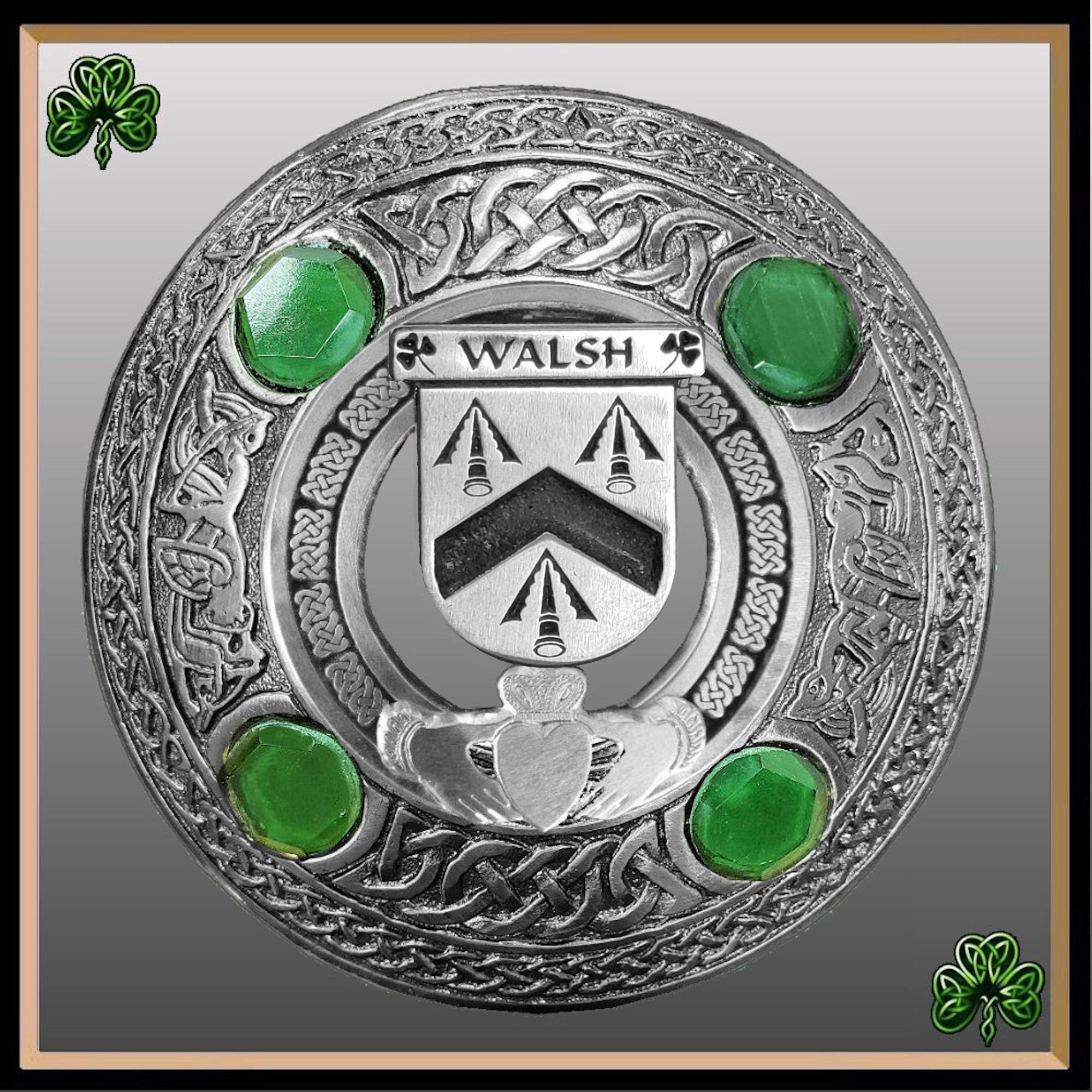 Walsh Irish Claddagh Coat of Arms Plaid brooch ~ Emerald stones