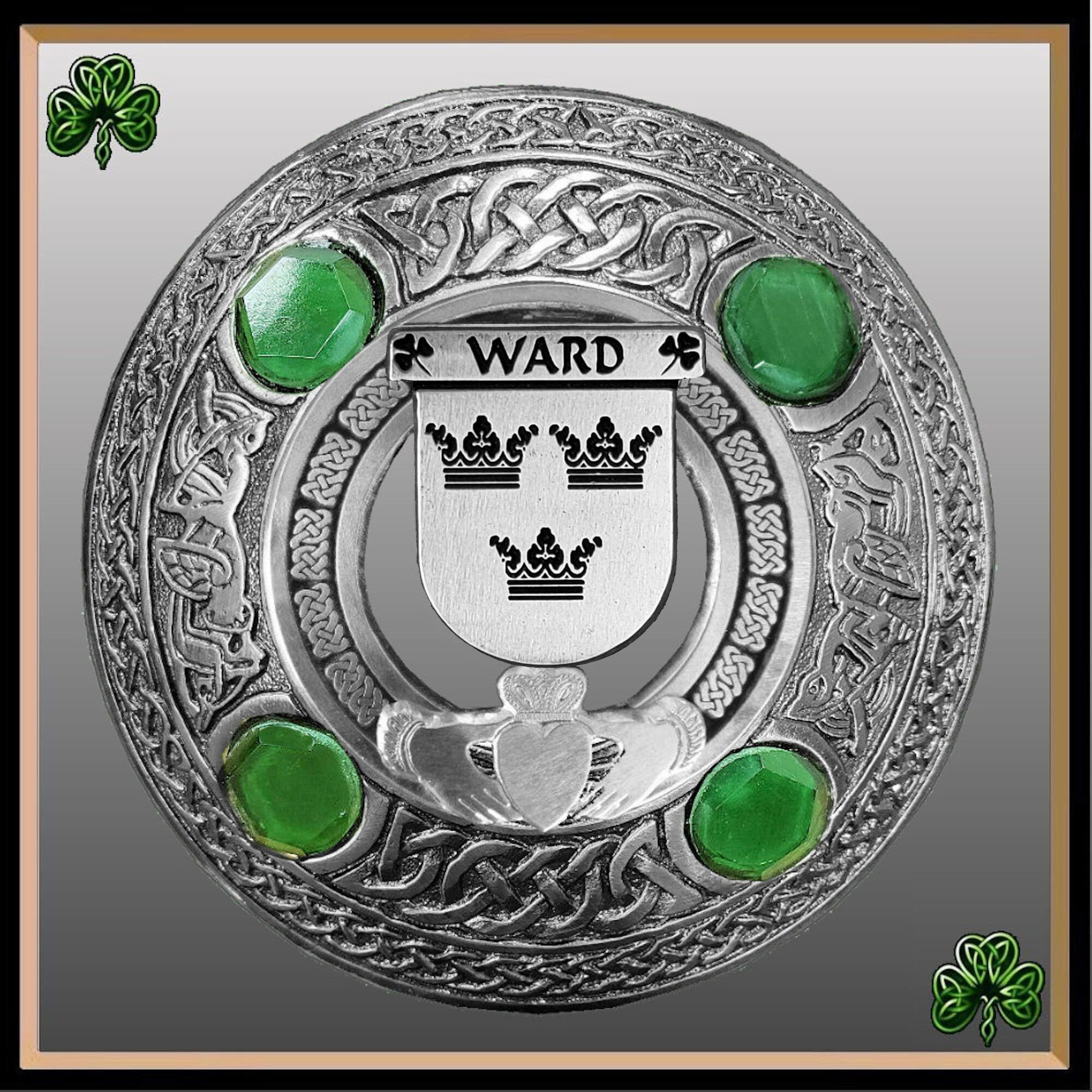 Ward Irish Claddagh Coat of Arms Plaid brooch ~ Emerald stones