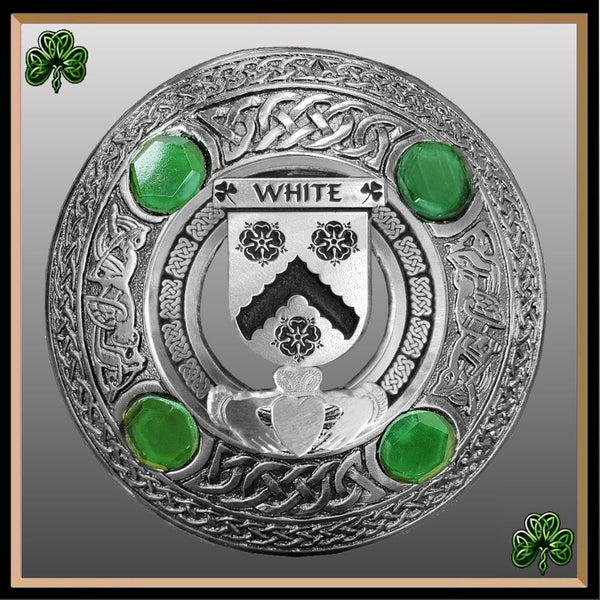 White Irish Claddagh Coat of Arms Plaid brooch ~ Emerald stones