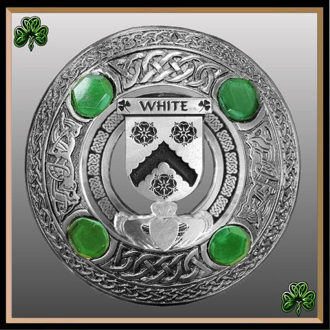 White Irish Claddagh Coat of Arms Plaid brooch ~ Emerald stones