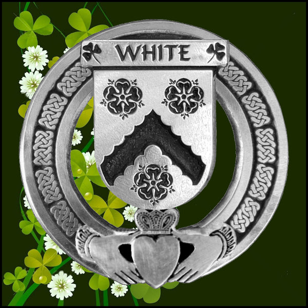 White Irish Claddagh Coat of Arms Plaid brooch ~ Emerald stones