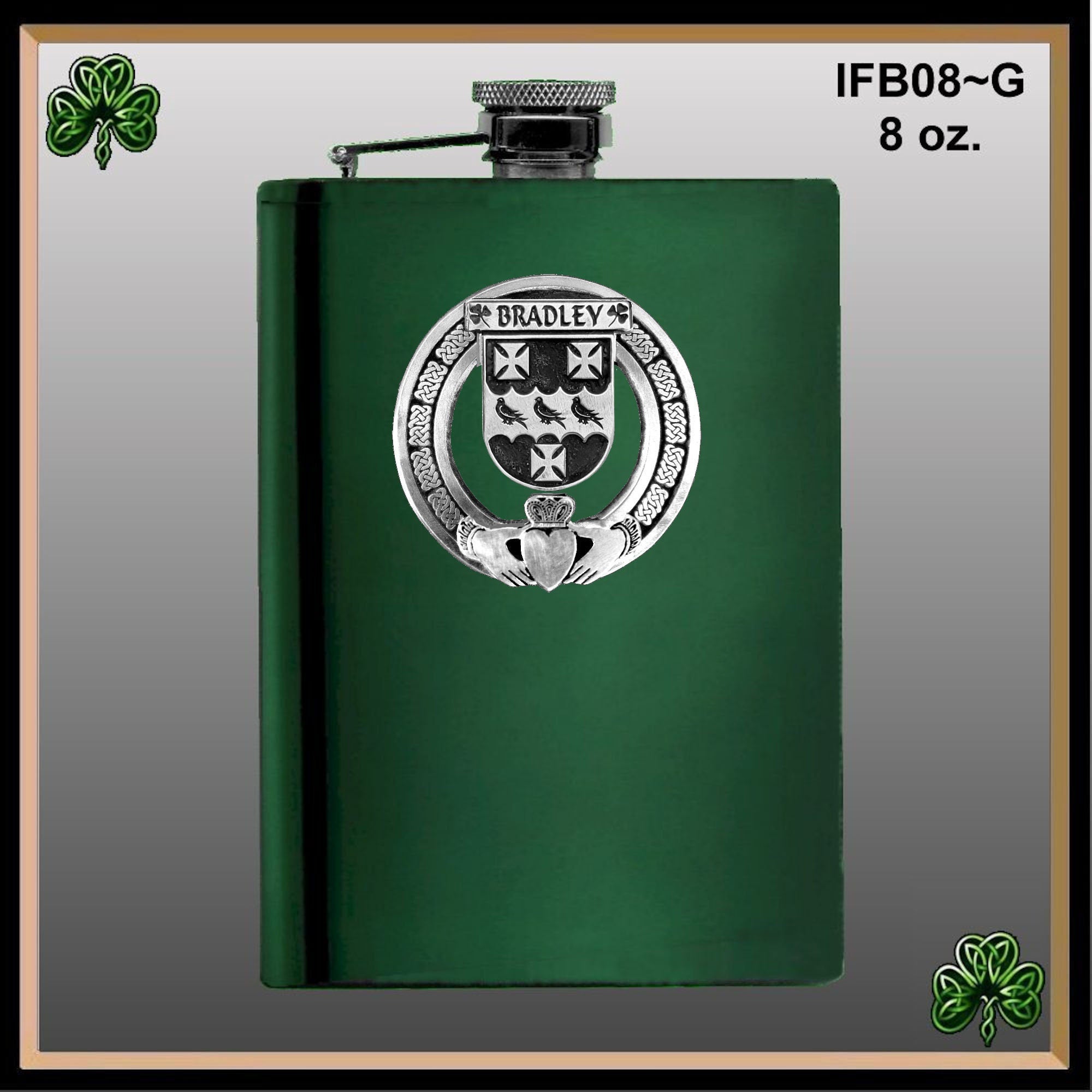 Bradley Irish Claddagh Badge 8 oz. Flask Emerald, Ebony or Stainless