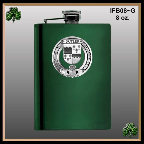 Butler Irish Claddagh Badge 8 oz. Flask Emerald, Ebony or Stainless