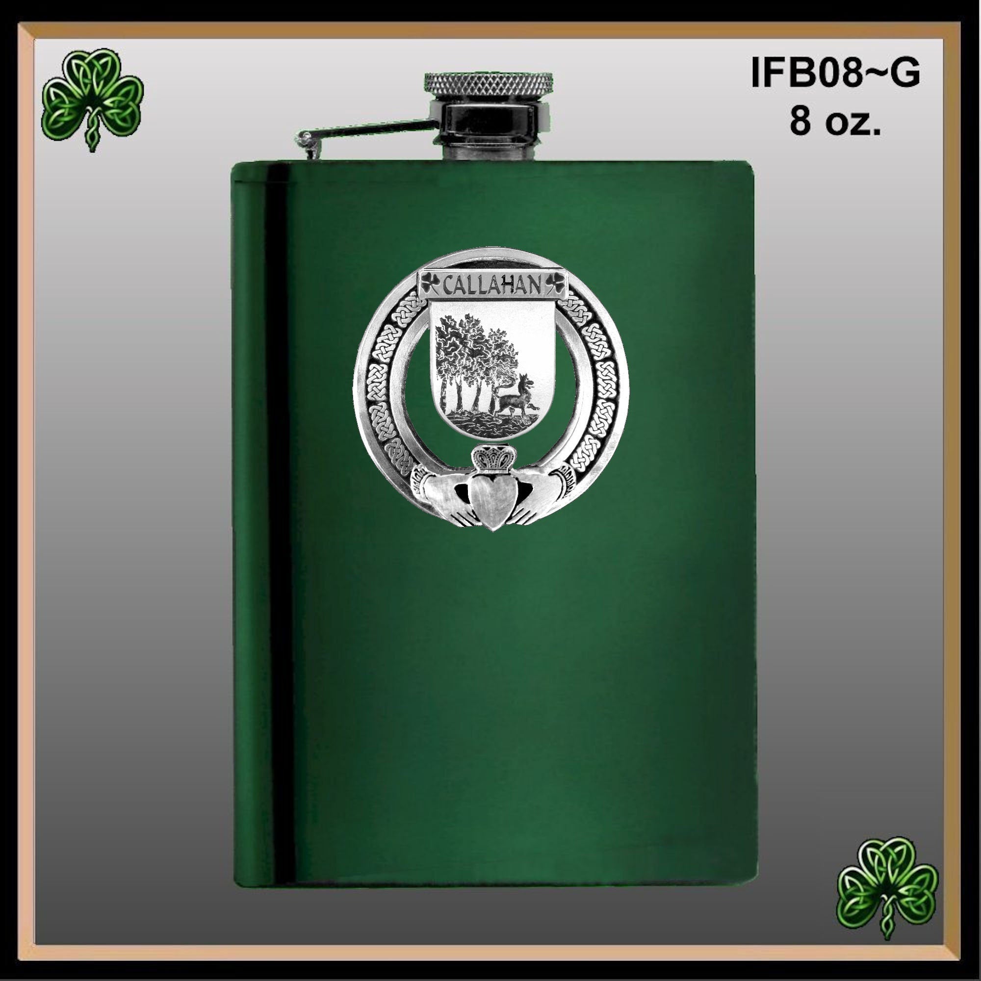 Callahan Irish Claddagh Badge 8 oz. Flask Emerald, Ebony or Stainless