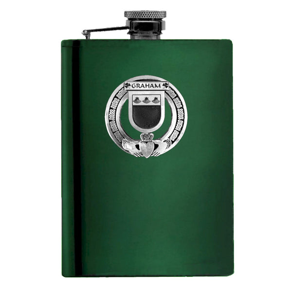 Graham Irish Claddagh Badge 8 oz. Flask Emerald, Ebony or Stainless