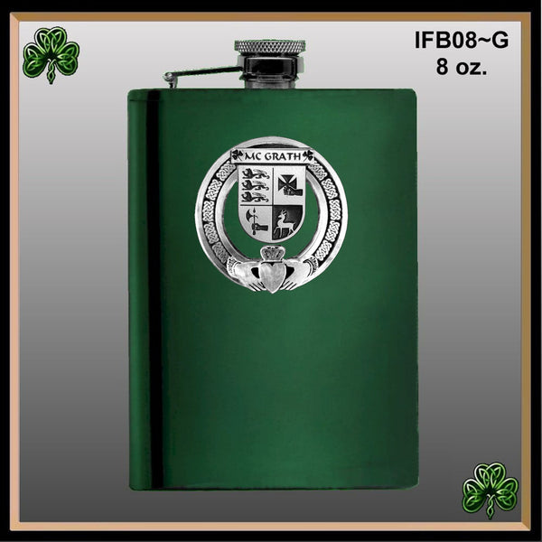 McGrath Irish Claddagh Badge 8 oz. Flask Emerald, Ebony or Stainless
