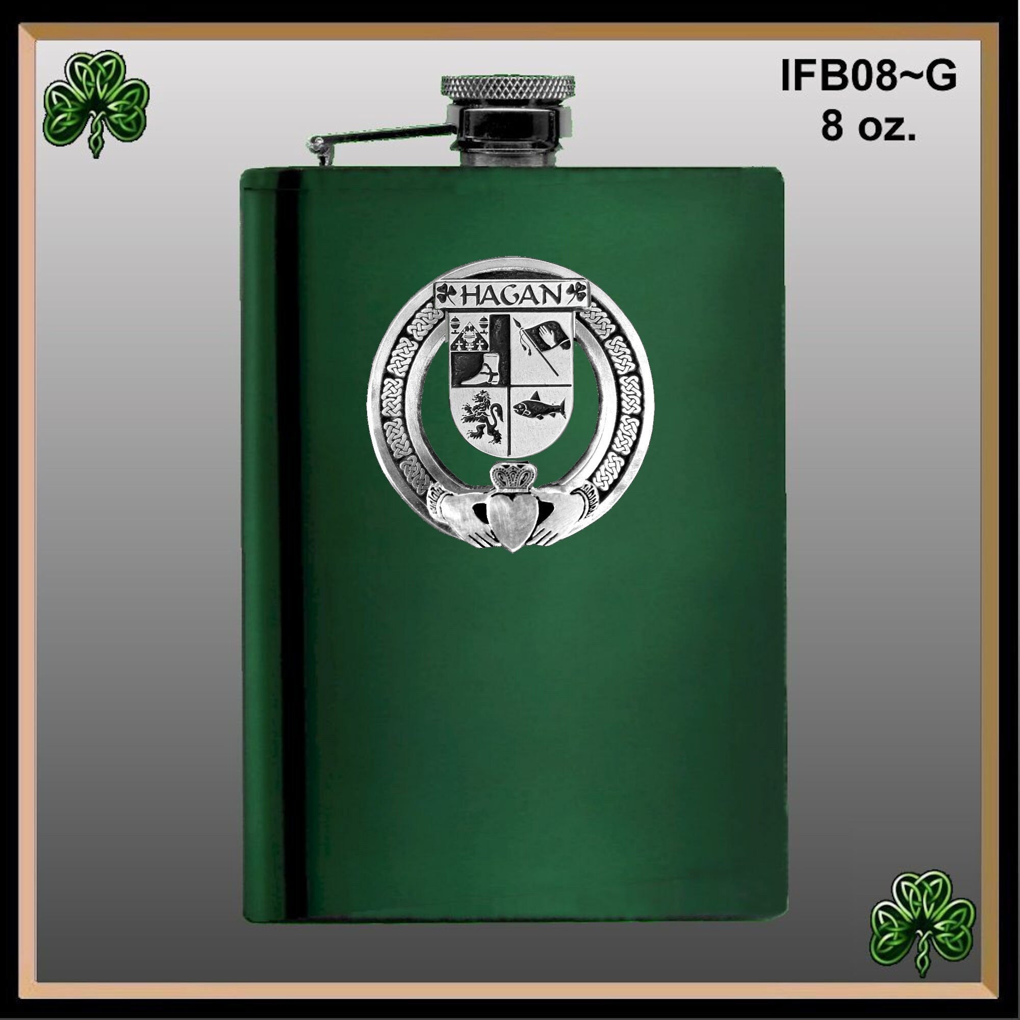 Hagan Irish Claddagh Badge 8 oz. Flask Emerald, Ebony or Stainless