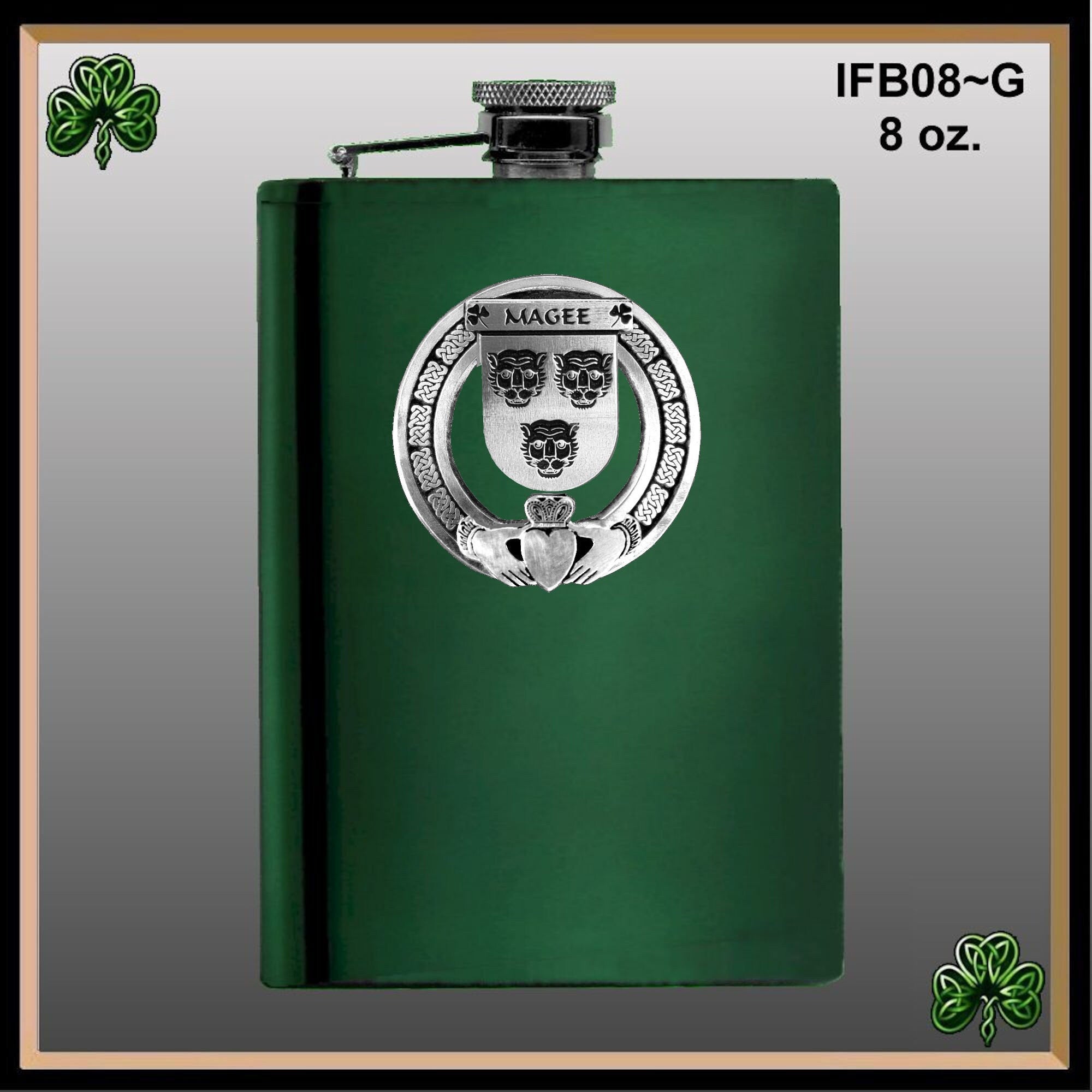 Magee Irish Claddagh Badge 8 oz. Flask Emerald, Ebony or Stainless