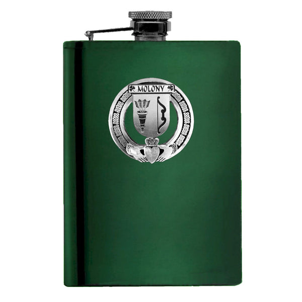 Molony Irish Claddagh Badge 8 oz. Flask Emerald, Ebony or Stainless