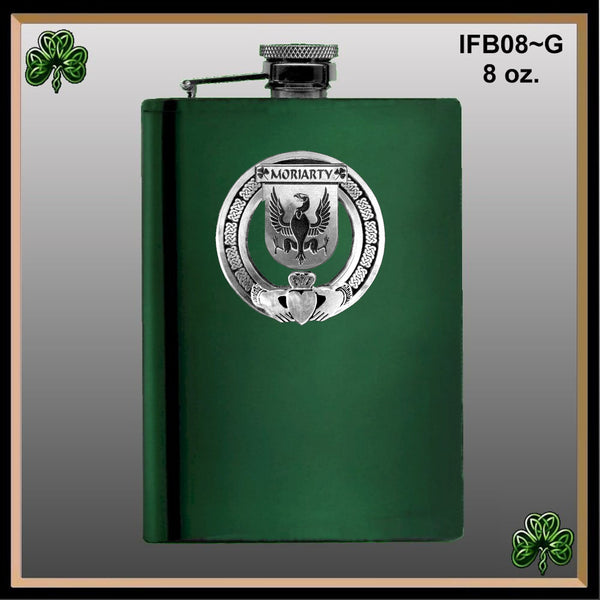 Moriarty Irish Claddagh Badge 8 oz. Flask Emerald, Ebony or Stainless