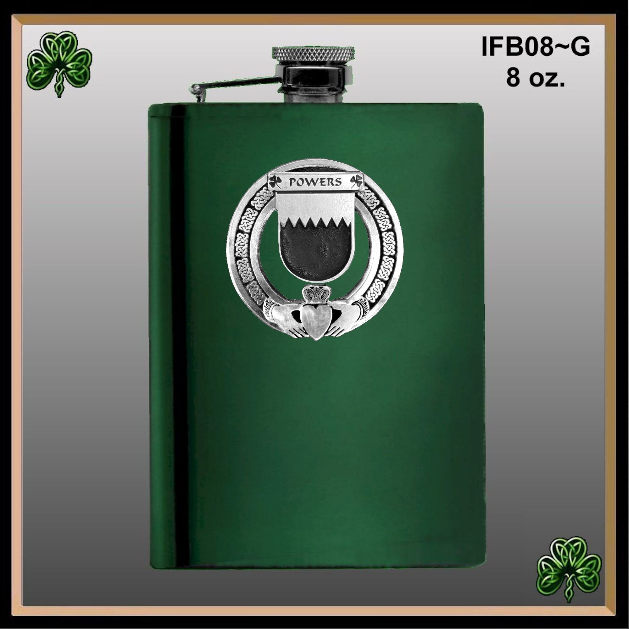 Powers Irish Claddagh Badge 8 oz. Flask Emerald, Ebony or Stainless