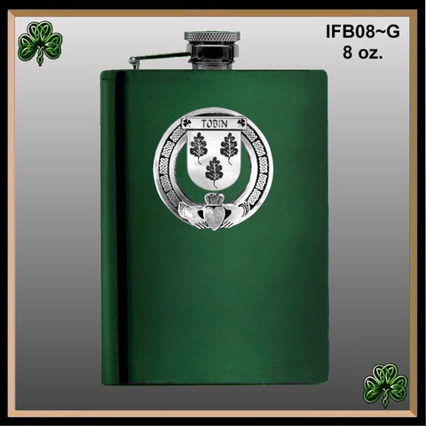 Tobin Irish Claddagh Badge 8 oz. Flask Emerald, Ebony or Stainless