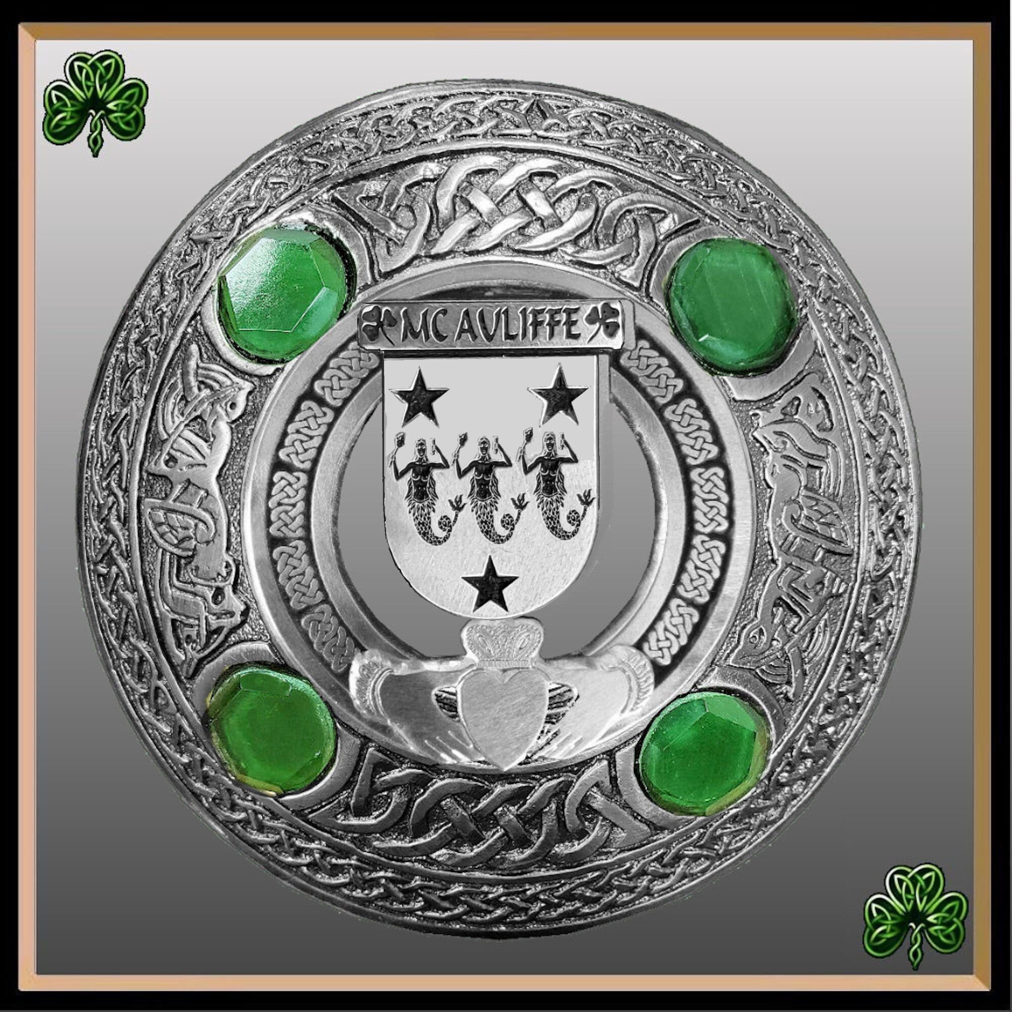 McAuliffe Irish Claddagh Coat of Arms Plaid brooch ~ Emerald stones