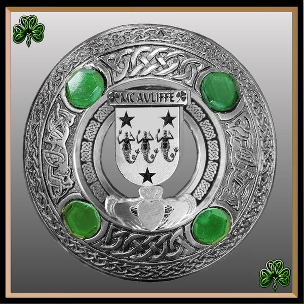 McAuliffe Irish Claddagh Coat of Arms Plaid brooch ~ Emerald stones