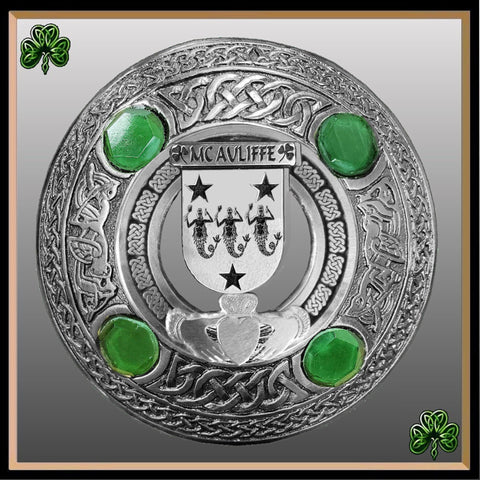 McAuliffe Irish Claddagh Coat of Arms Plaid brooch ~ Emerald stones