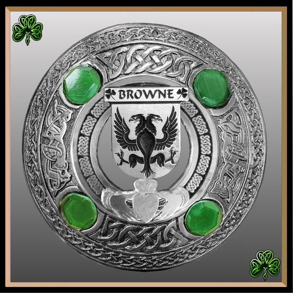 Browne Irish Claddagh Coat of Arms Plaid brooch ~ Emerald stones