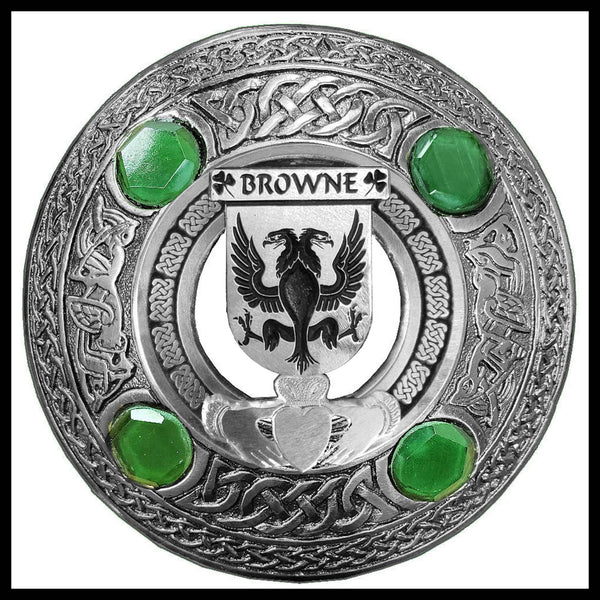 Browne Irish Claddagh Coat of Arms Plaid brooch ~ Emerald stones