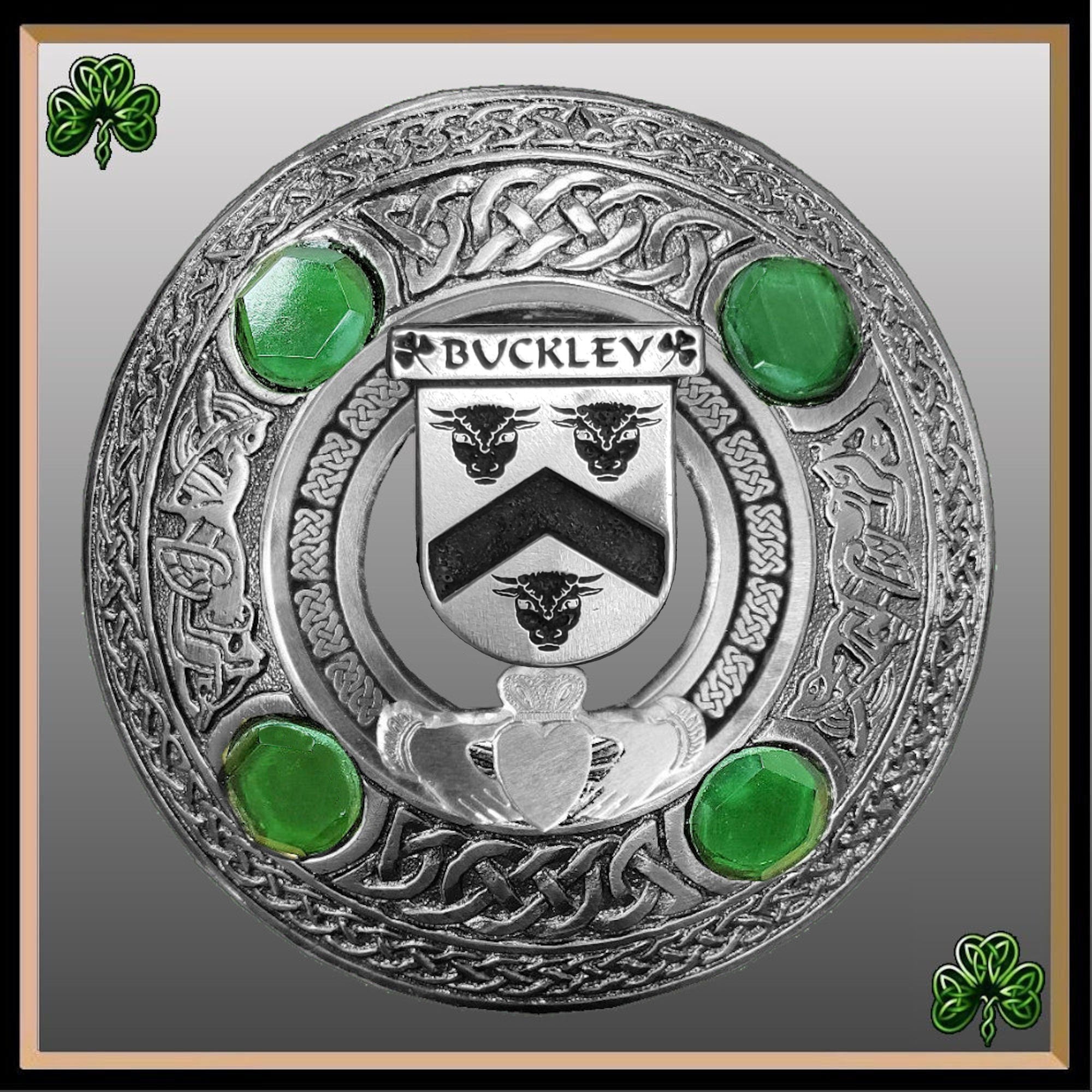 Buckley Irish Claddagh Coat of Arms Plaid brooch ~ Emerald stones